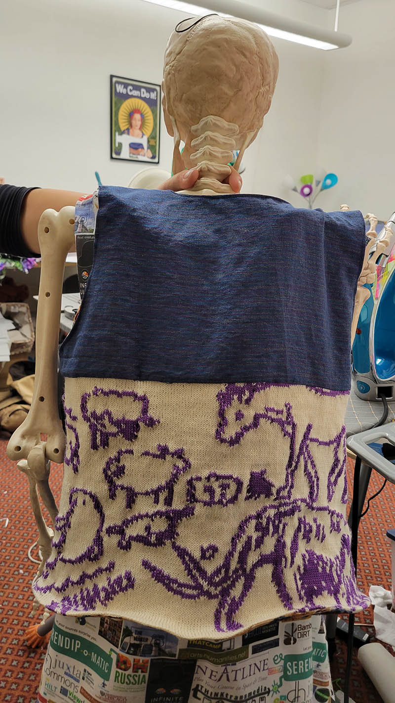 Dr. Cheese Bones wearing the vest, with the knitted part showing