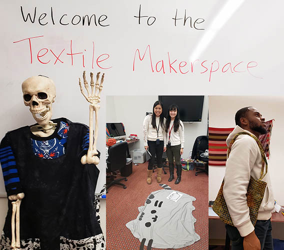Collage of people at the Textile Makerspace showing off the things they've made