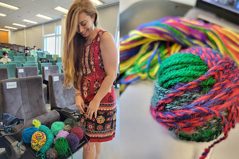 Gimena helping pick out yarns, and the data ball that resulted