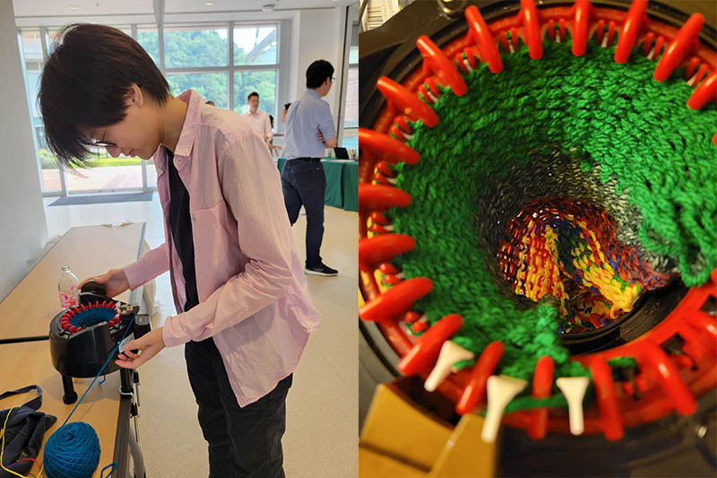 Jodie Cheng trying the circular knitting machine, and knitting the actual data